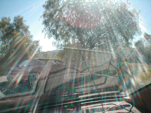 1994 Ford Crown Victoria - A red sports car is visible through a sun-drenched windshield, with trees and a hillside in the background.