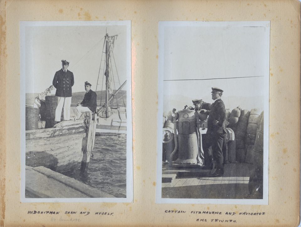 These are pages from a British officer's personal photo album from his time in the Mediterranean Sea during World War 1.  Most of them appear to have been taken in early 1915 during the height of the Dardanelles Campaign, including some on the Anzac beach near Gallipoli.

I'll probably upload some higher-resolution reconstructed versions of the individual photos later.