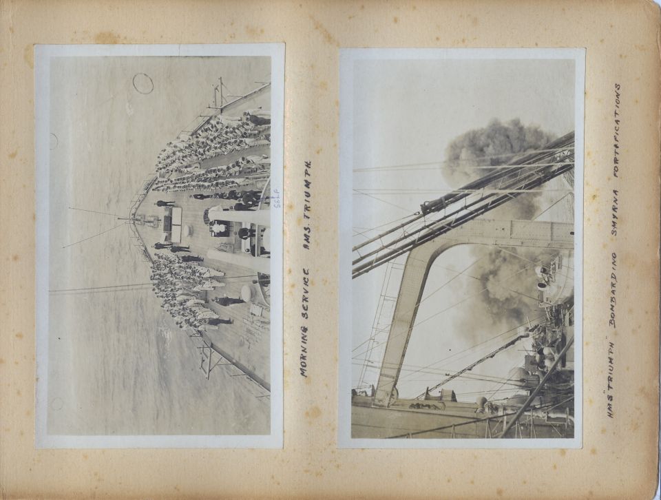 These are pages from a British officer's personal photo album from his time in the Mediterranean Sea during World War 1.  Most of them appear to have been taken in early 1915 during the height of the Dardanelles Campaign, including some on the Anzac beach near Gallipoli.

I'll probably upload some higher-resolution reconstructed versions of the individual photos later.