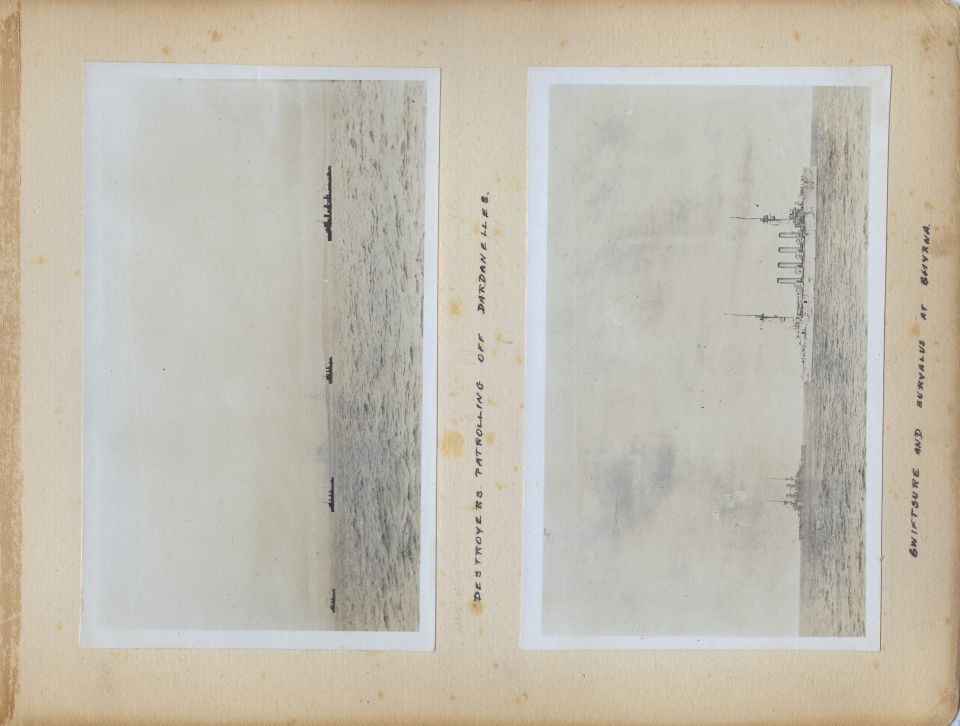 These are pages from a British officer's personal photo album from his time in the Mediterranean Sea during World War 1.  Most of them appear to have been taken in early 1915 during the height of the Dardanelles Campaign, including some on the Anzac beach near Gallipoli.

I'll probably upload some higher-resolution reconstructed versions of the individual photos later.