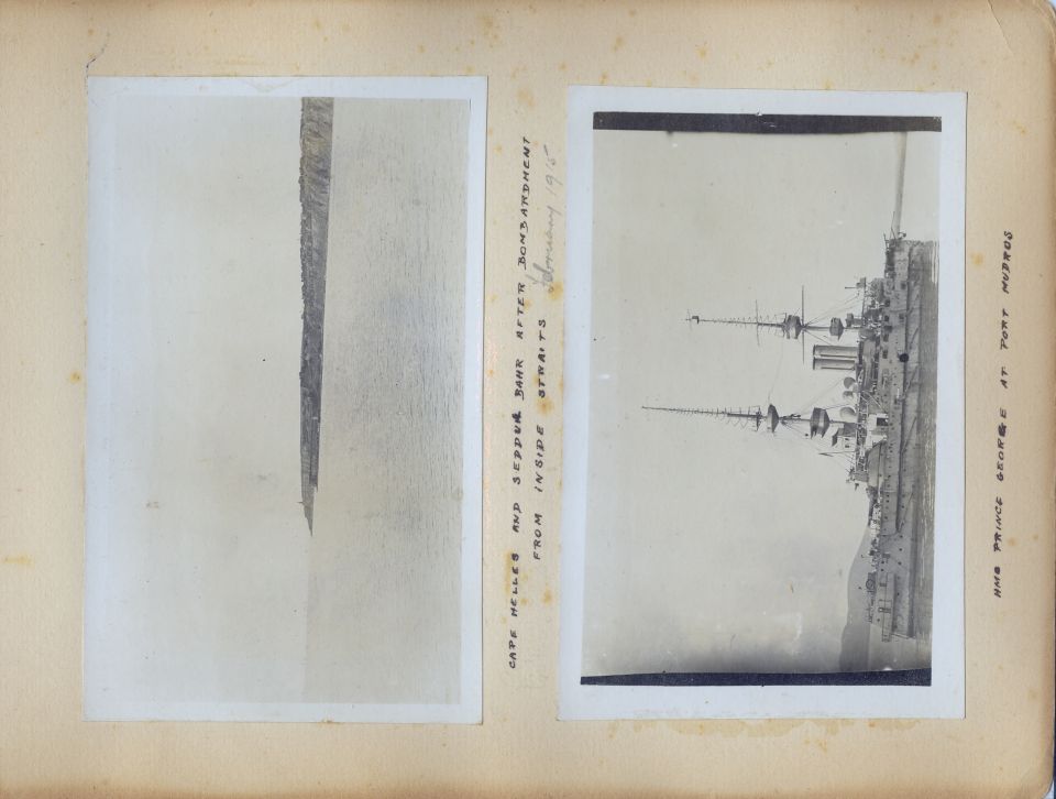 These are pages from a British officer's personal photo album from his time in the Mediterranean Sea during World War 1.  Most of them appear to have been taken in early 1915 during the height of the Dardanelles Campaign, including some on the Anzac beach near Gallipoli.

I'll probably upload some higher-resolution reconstructed versions of the individual photos later.