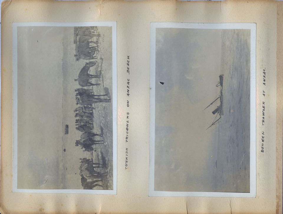 These are pages from a British officer's personal photo album from his time in the Mediterranean Sea during World War 1.  Most of them appear to have been taken in early 1915 during the height of the Dardanelles Campaign, including some on the Anzac beach near Gallipoli.

I'll probably upload some higher-resolution reconstructed versions of the individual photos later.