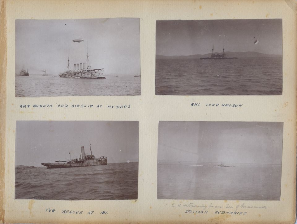These are pages from a British officer's personal photo album from his time in the Mediterranean Sea during World War 1.  Most of them appear to have been taken in early 1915 during the height of the Dardanelles Campaign, including some on the Anzac beach near Gallipoli.

I'll probably upload some higher-resolution reconstructed versions of the individual photos later.