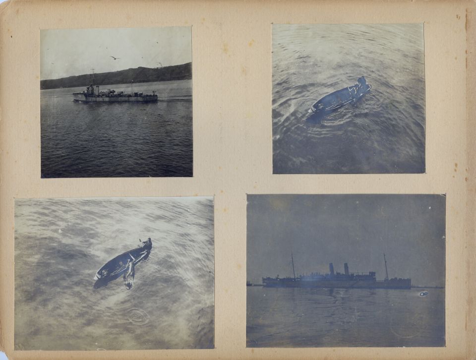 These are pages from a British officer's personal photo album from his time in the Mediterranean Sea during World War 1.  Most of them appear to have been taken in early 1915 during the height of the Dardanelles Campaign, including some on the Anzac beach near Gallipoli.

I'll probably upload some higher-resolution reconstructed versions of the individual photos later.