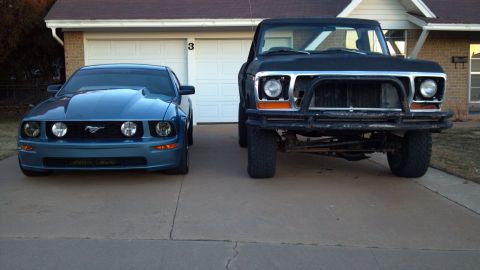 1978 Ford Bronco - A black pickup truck with a brush guard parked next to a blue Ford Mustang in a driveway.