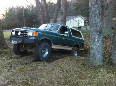 1989 Ford Bronco - This 1989 Ford Bronco, tan side trim and an aggressive aftermarket bumper, is parked on a wooded, grassy incline.