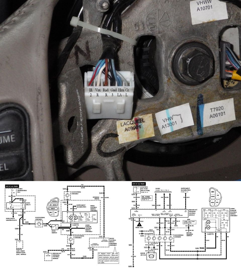 Steering wheel hub connector with labeled wires plus overlaid wiring diagrams