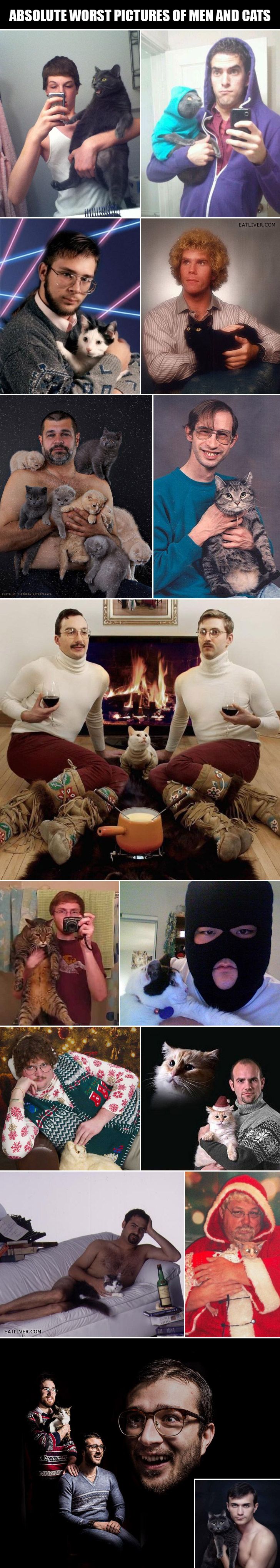 Collage of men posing with cats in various humorous and awkward situations