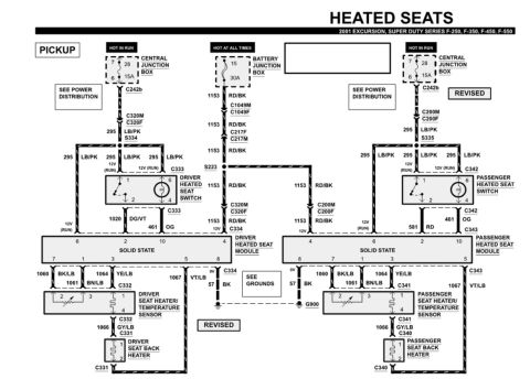 1994 Ford Bronco - Wiring diagram for driver and passenger heated seats showing switches, modules and color-coded circuits.