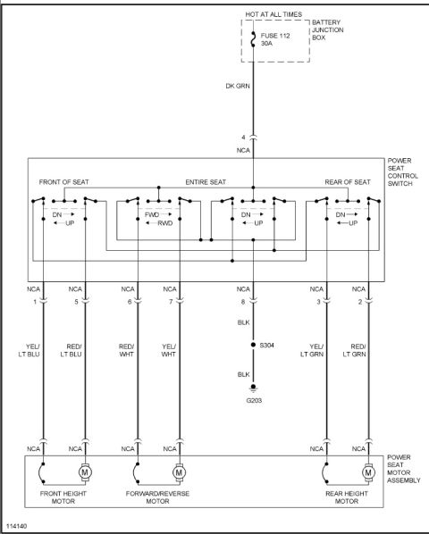 1994 Ford Bronco - Wiring diagram of the power seat control switch and front/rear height and fore-aft motors with color-coded wires.