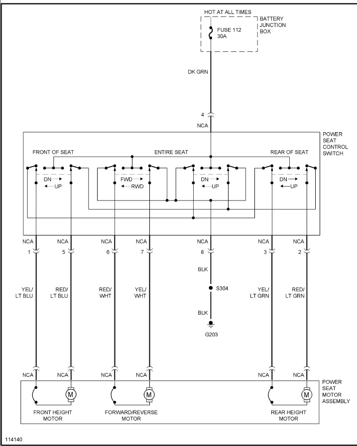 Power seat motor wiring diagram with control switch and motors