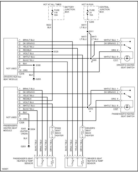 1994 Ford Bronco - Factory heated-seat wiring diagram showing driver and passenger heated-seat modules (C318/C328), switches, seat back/cushion heaters and te…