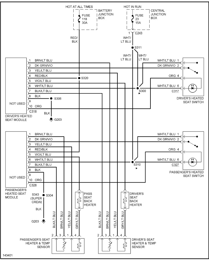 Ford heated seat wiring diagram, fuse 118 30A and fuse 23 15A, driver and passenger modules