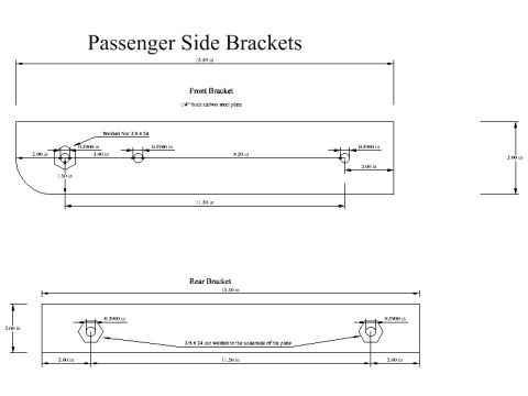 1994 Ford Bronco - Engineering blueprint of passenger-side front and rear brackets showing dimensions, hole spacing and welded nuts.