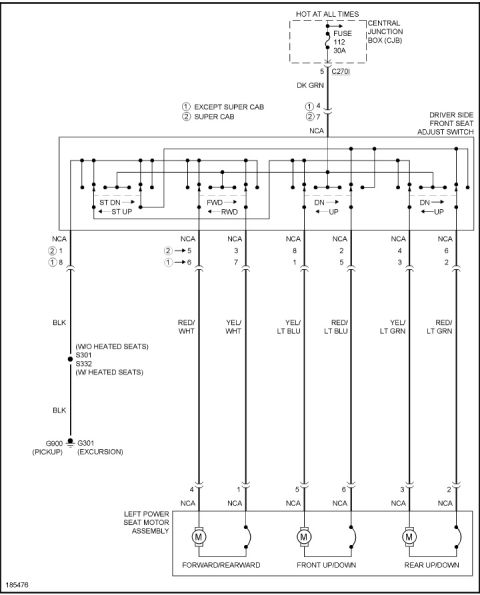 1994 Ford Bronco - Wiring diagram of the driver front seat adjust switch and power seat motor assembly with color-coded circuits.