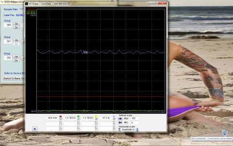 2002 Volkswagen Jetta - A computer screen displays engine diagnostic data, overlaid on a beach scene with a tattooed arm.