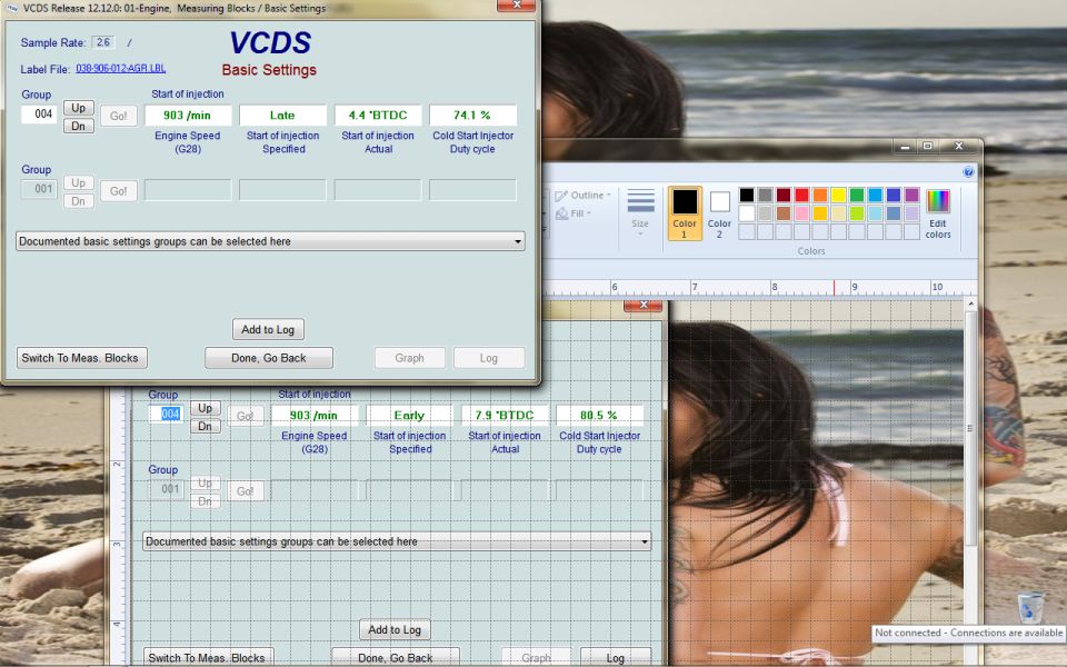 VCDS diagnostic software windows open, showing engine data, with a beach scene and a person in the background
