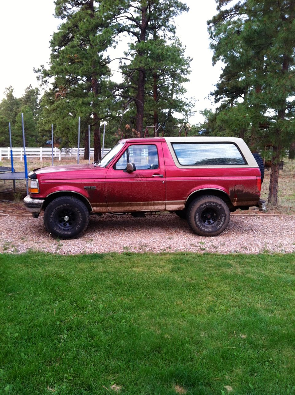 1994 Ford Bronco, side view, parked on gravel with grass and trees in background