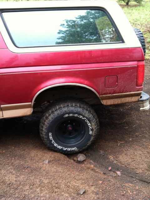 1994 Ford Bronco - Rear view of a red Ford Bronco with a tan top and trim, showing the side and tire.