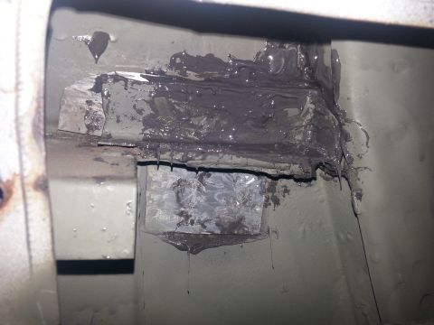 1992 Ford Bronco - top reinforcement panel in place I put as much cold weld in there as possible.