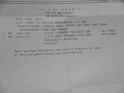 2003 Ford Crown Victoria - This document lists parts for a 2003 Ford Crown Victoria Police Interceptor, including lowered variable and coil spring sets.