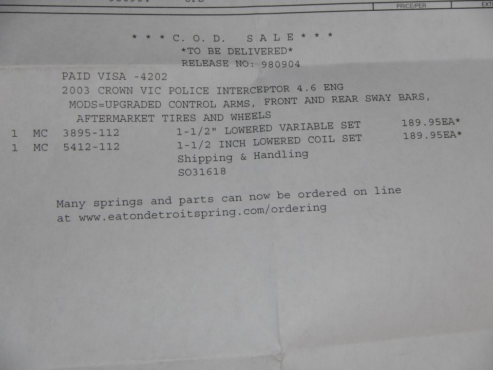 Eaton Detroit Spring COD sale order receipt for 2003 Crown Vic lowering springs