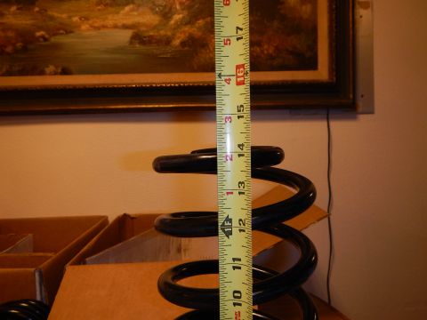 2003 Ford Crown Victoria - black coil spring stood upright beside a vertical tape measure, with a framed landscape painting on the wall behind.