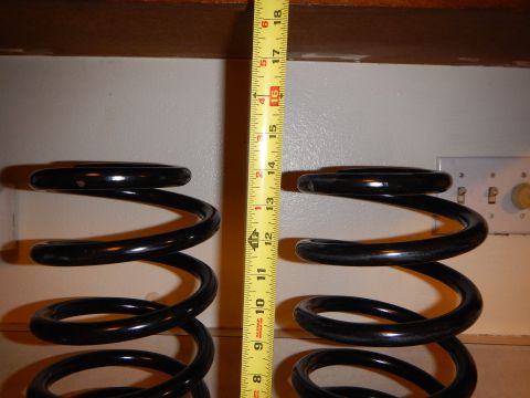 2003 Ford Crown Victoria - Two black coil springs stood upright on a shelf beside a vertical tape measure for height reference.