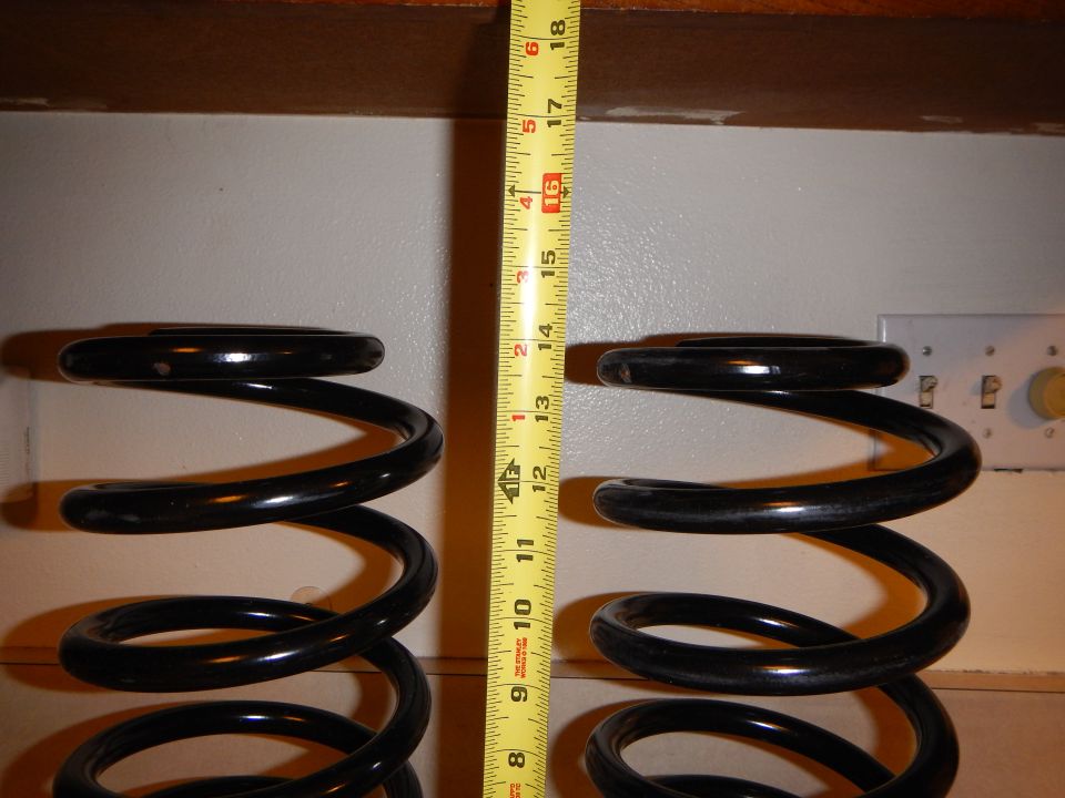 Two black coil springs standing upright next to a vertical tape measure