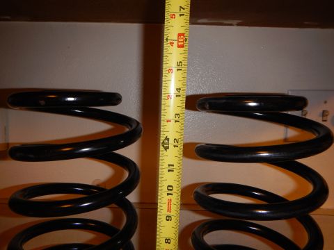 2003 Ford Crown Victoria - Two black coil springs stand upright on a shelf beside a yellow tape measure reading about 16 inches for height comparison.