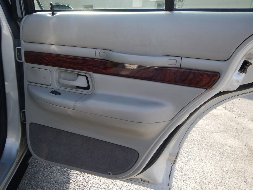 Light tan interior door panel with wood trim and a gray speaker grille. The door is open, revealing the car's interior and exterior