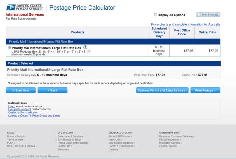 1994 Ford Bronco - Screenshot of a USPS international postage price calculator web page, not a vehicle document.