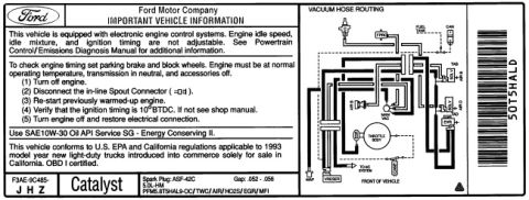 1990 Ford Bronco - This document details vacuum hose routing and emissions information for a 1993 model year light-duty truck.