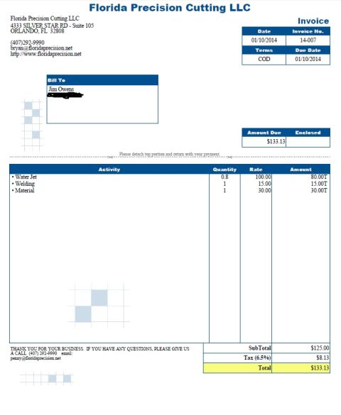 1994 Ford Bronco - Invoice from Florida Precision Cutting LLC for waterjet, welding, and material charges, not a vehicle document.