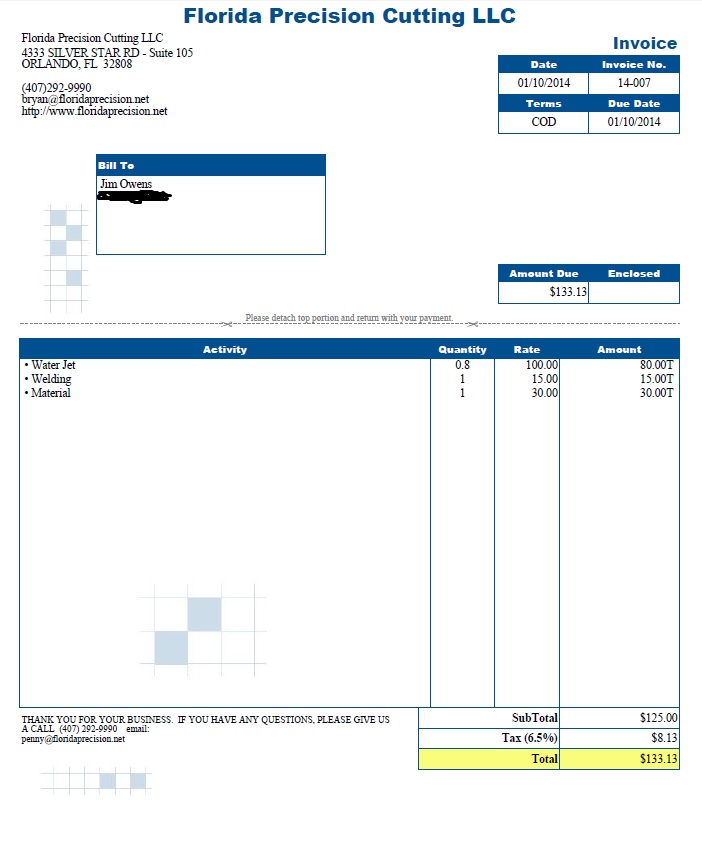 Florida Precision Cutting LLC invoice for waterjet and welding work