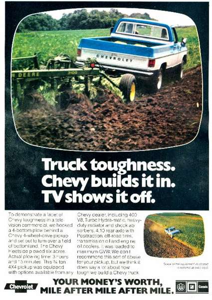 1963 Hummer H3 - A Chevrolet pickup truck demonstrates its toughness by plowing a field, as advertised in this vintage ad.