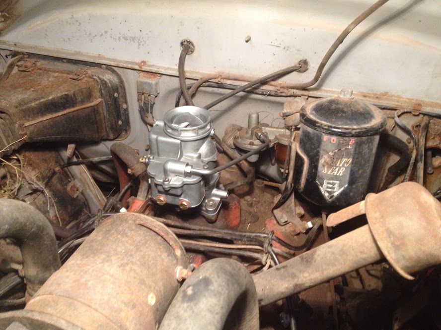 1952 Ford Customline engine bay with carburetor and Ford-O-Matic air cleaner