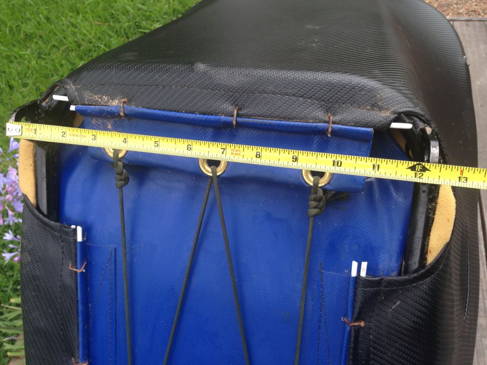 Measuring tape on a car seat cover, showing black textured material and blue fabric underneath