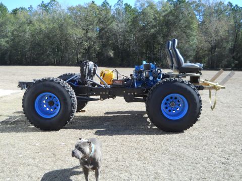 1992 Ford Bronco - A custom-built vehicle chassis with oversized tires and a blue engine sits outdoors with a dog in the foreground.