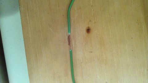 1990 Ford Bronco - Close-up of a damaged green electrical wire showing exposed copper conductors.