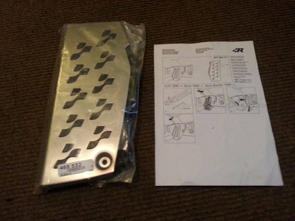 Aluminum pedal cover with cutouts and installation instructions for VW Golf, Bora, and New Beetle