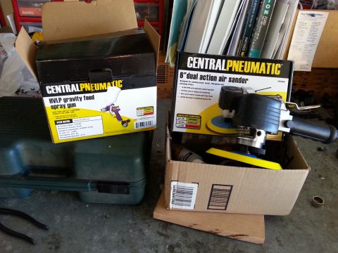 1992 Ford Bronco - harbor freight specials. I think I spent about $60 for both..the D/A sander has been great..haven't tried the sprayer yet, but it got decen…