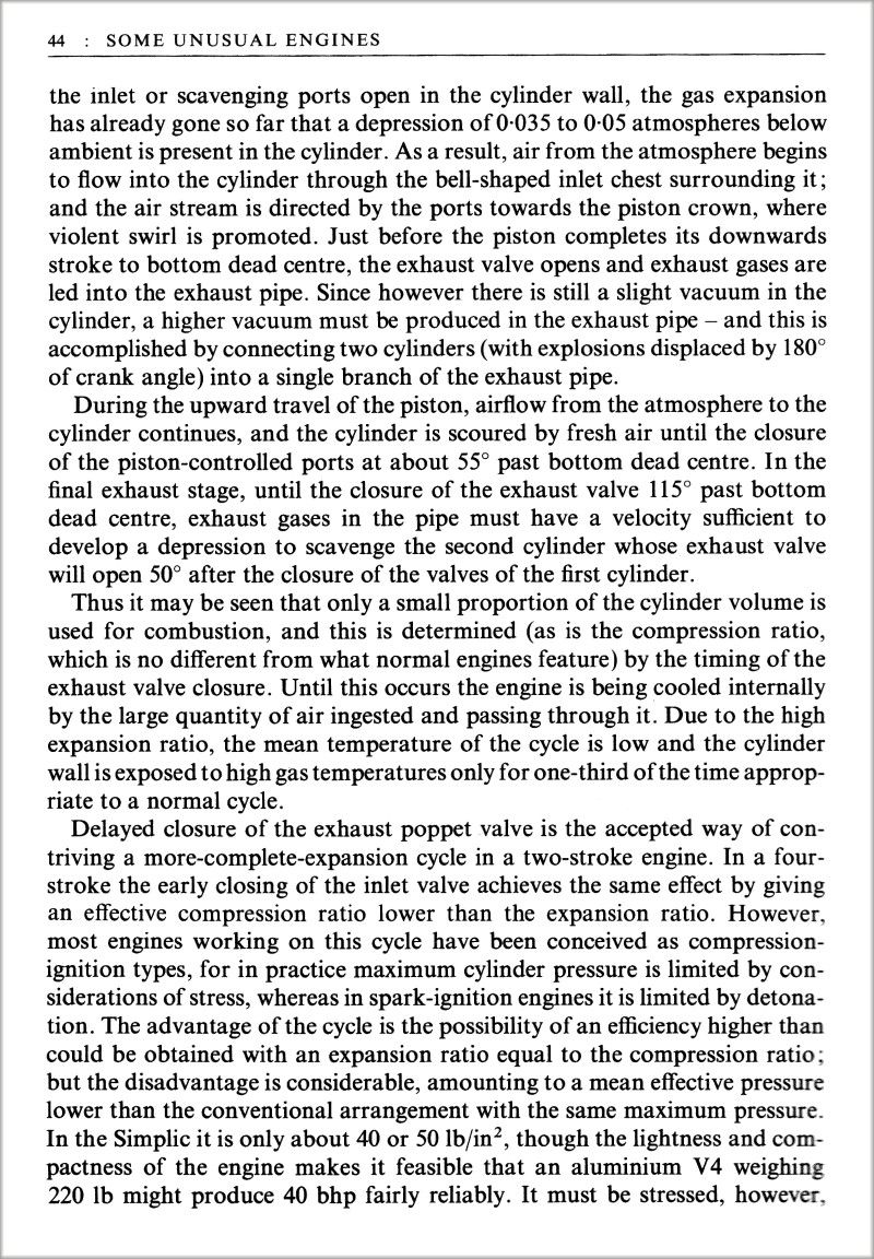 Engineering book page on unusual two-stroke engines, scavenging and compression ratio