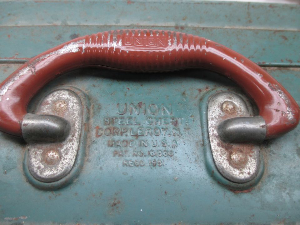 Union Steel Chest toolbox with red handle and embossed text