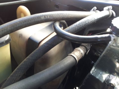 1976 Ford Ranchero - Close-up view of radiator hoses and coolant reservoir, with some text visible on a hose.
