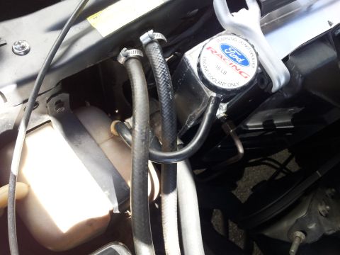 1976 Ford Ranchero - Close-up view of a Ford Racing branded radiator cap and associated hoses within an engine bay.