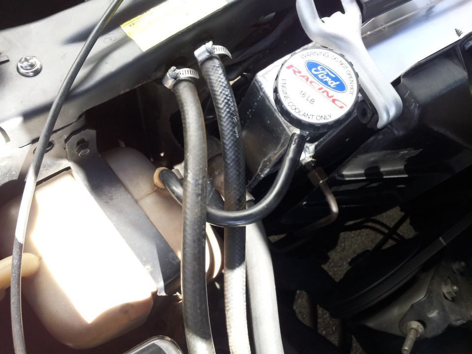 Ford Racing radiator cap on a vehicle's cooling system with hoses