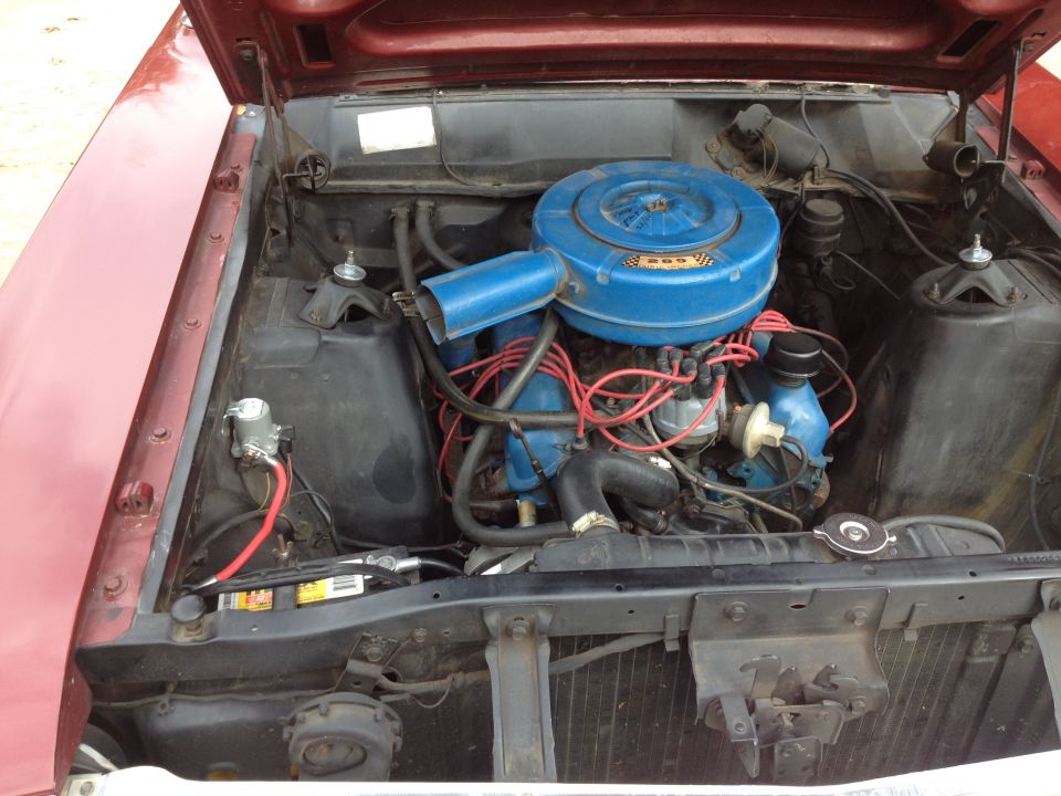 Engine bay with blue Ford 289 V8, blue air cleaner and red plug wires in a maroon vehicle