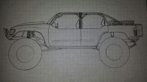 1993 Toyota 4Runner - This is a drawing of a heavily modified SUV, likely for off-road use, with a prominent roll cage and oversized tires.