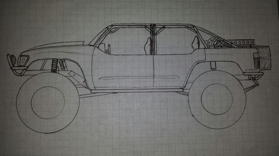 Hand-drawn pencil concept sketch of a custom lifted truck on graph paper